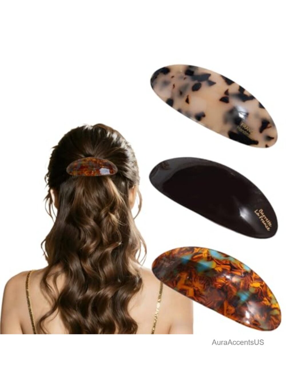 3 Pack French Acetate Hair Barrettes for Women Tortoise Shell Strong Hold Clips
